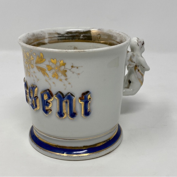 Antique Gilt Embossed "Present" Shaving Mug Occupational Angel Cherub Handle VTG - Picture 4 of 12
